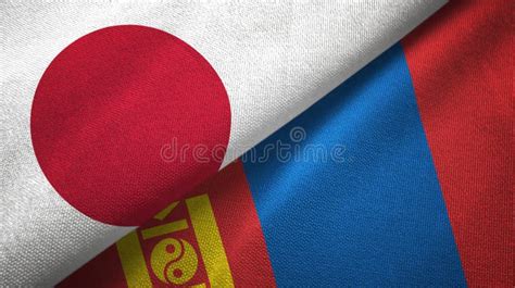 Japan And Mongolia Two Flags Textile Cloth Fabric Texture Stock