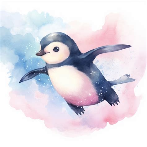 Premium Photo There Is A Watercolor Painting Of A Penguin Flying In