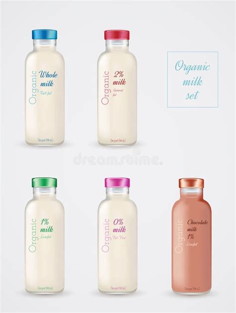 Set Of Glass Bottles With Milk Reduced Fat Milk Chocolate Milk Stock