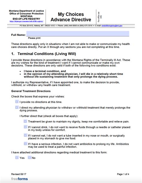 Free Montana Advance Directive Form Medical Poa Living Will Pdf