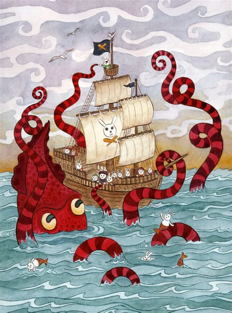 Giant Squid Kraken Pirate Ship Art Print 16 X 20 Limited Edition - Etsy