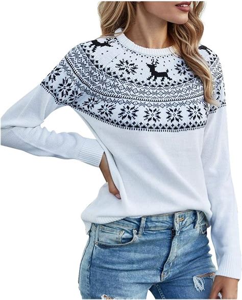 Noël Pull Femme Hiver Chaud Col Rond Chic Imprimé Faon Flocon De Neige