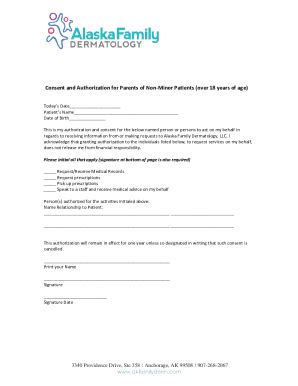 Fillable Online Consent And Authorization For Parents Of Non Minor