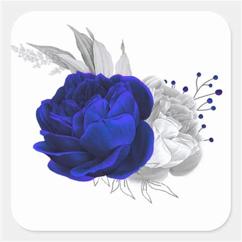 royal blue & silver flowers white square sticker | Zazzle | Blue flower ...