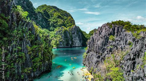 Peaceful Aerial Of The Big Lagoon In El Nido Palawan Philippines