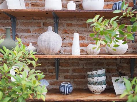 Ceramic Pots with Succulents on a Wooden Shelf. Stock Photo - Image of ...