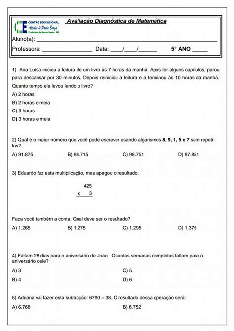 Avaliação Diagnóstica de Matemática 5 ano Para imprimir e Baixar