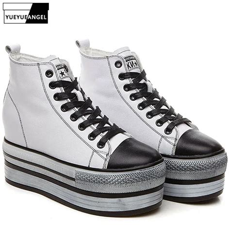 Brand New Womens High Top Thick Platform Shoes Genuine Leather Lace Up Casual Sneakers Wedges