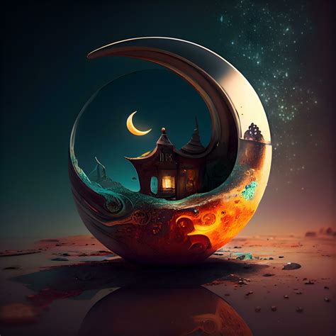 Fantasy scene with crescent moon and house in the space., Image ...