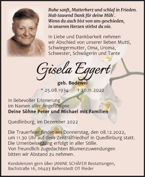 Traueranzeigen Von Gisela Eggert Abschied Nehmen De