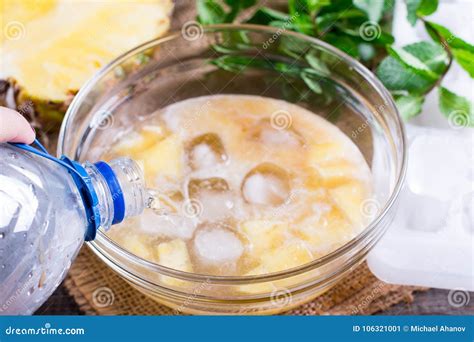 Preparation of Fruit Punch in a Bowl on Wooden Background Stock Image ...