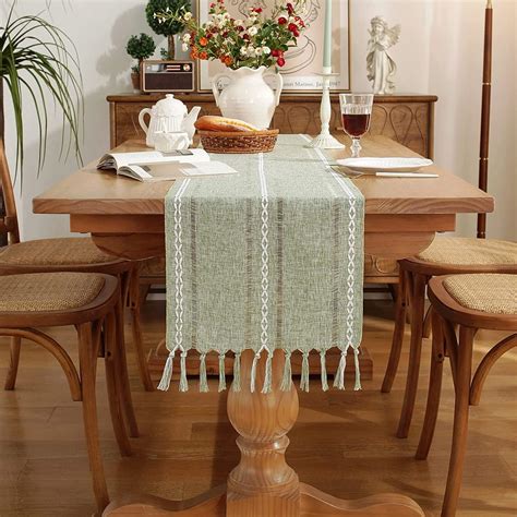 Rustic Farmhouse Style Linen Table Runner Boho Handmade Fringe Braided