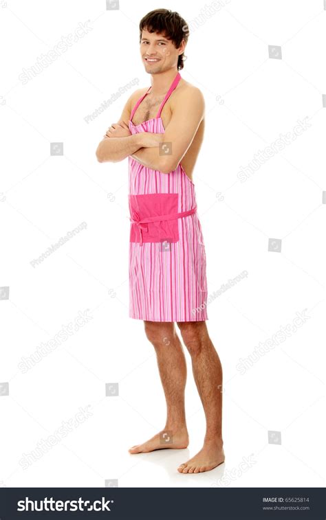 Naked Man Wering Pink Apron Isolated Stock Photo 65625814 Shutterstock