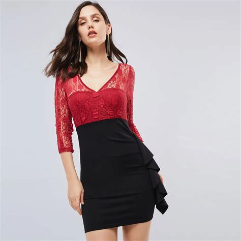 Office Bodycon Dresses Elegant Sexy Women See Through Backless Red Lace Patchwork Ruffles Slim