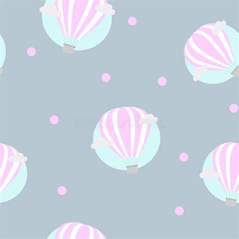 Vector Vintage Illustration With Cute Hot Air Balloon And Banner In Sky Seamless Pattern Stock