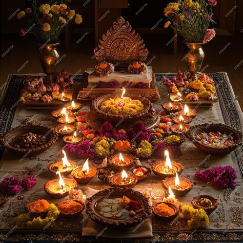 traditional diwali puja setup  diyas arranged   altar