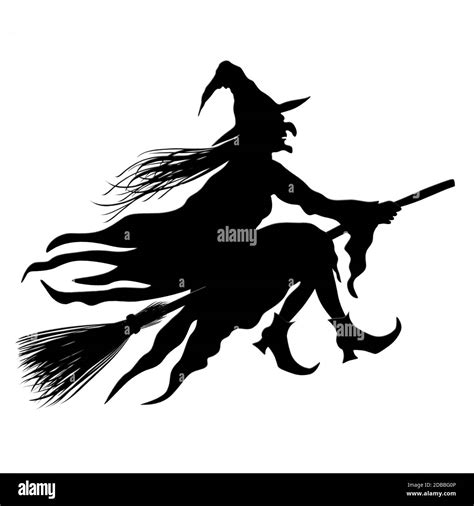 Witch Riding The Broom Isolated On White Background. Black Silhouette ...