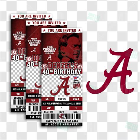 Alabama Crimson Tide Ticket Style Sports Party Invitations – Sports Invites