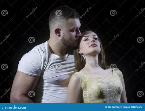 Couple Muscular Handsome Man Undressing Young Sensual Woman Girl Sportsman Fitness Stock