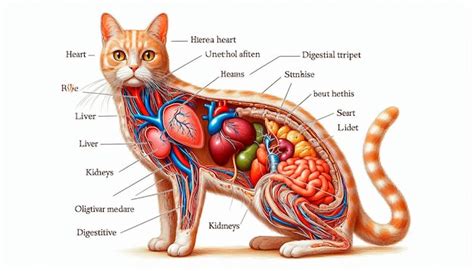 Onde Fica O Coração Do Gato - Uma ilustração de um gato com os órgãos rotulados com um coração humano ...