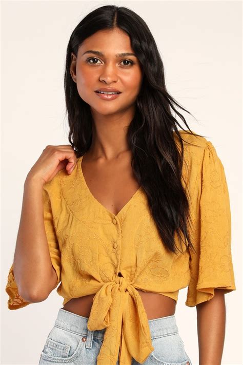 Yellow Embroidered Top Button Up Crop Top Tie Front Blouse Lulus