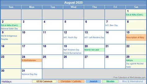 August 2020 Calendar with Holidays - as Picture