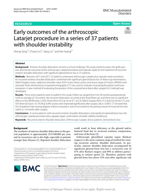 Pdf Early Outcomes Of The Arthroscopic Latarjet Procedure In A Series