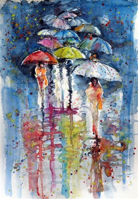 Umbrellas in rain Umbrella Painting, Rain Painting, Umbrella Art, Watercolor And Ink ...