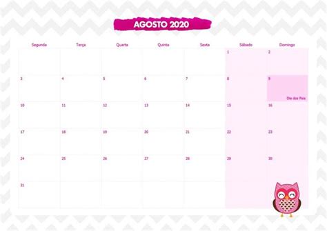 Calendario Mensal Corujinha Rosa Agosto Fazendo A Nossa Festa