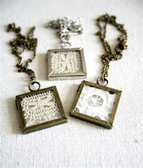 Lace Shadow Box Necklace Vintage Lace Charm By Sevenfinches