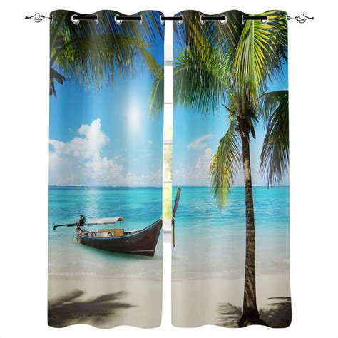 Ocean Curtains Palm Coconut Trees And Ocean Waves Across Mountains On