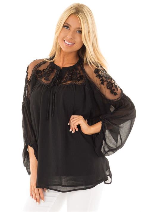 Lime Lush Boutique Black Blouse With Sheer Lace Yoke And Tie Neckline