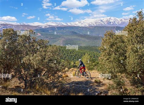 Nice Active Senior Woman Cycling With Her Electric Mountain Bike Below