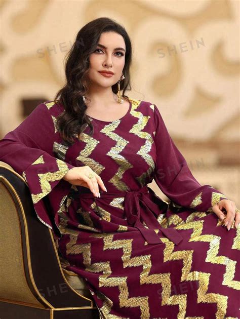 Shein Najma Plus Size Women S Arabic Style Long Sleeve Dress With Foil