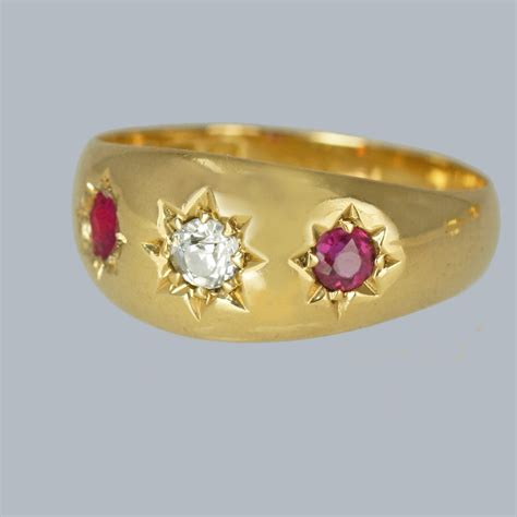 Antique Diamond Ruby Trilogy Ring 18ct Gold Edwardian Gypsy Ring