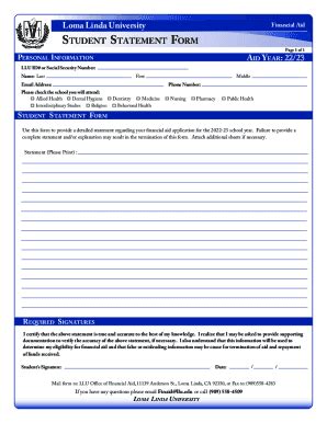 Fillable Online Home Llu Loma Linda University STUDENT STATEMENT FORM