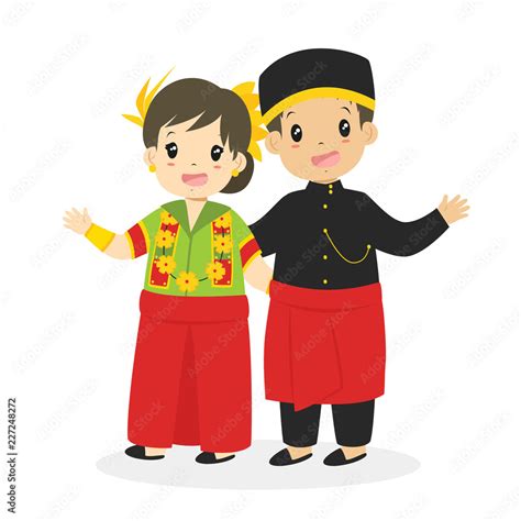 Happy Indonesian children wearing West Sulawesi traditional dress and waving their hands cartoon ...