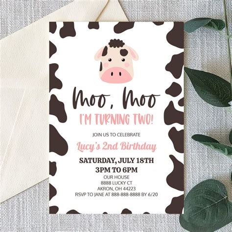 Moo Moo I M Turning Two Cow 2nd Birthday Party Invitation Zazzle