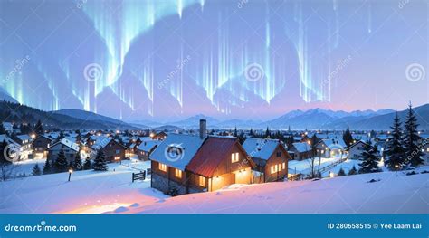 Anime Style Background Winter Landscape Aurora Mountain Village