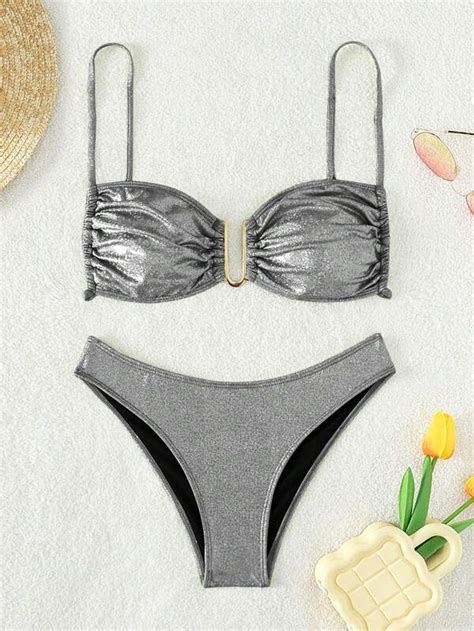 Shein Swim Y Glam Ba Ador Bikini Brillante Fruncido Moda De Mujer