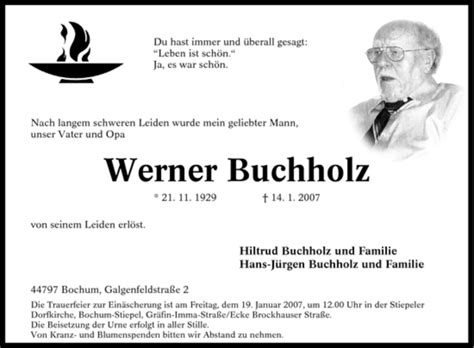 Traueranzeigen Von Werner Buchholz Trauer In NRW De