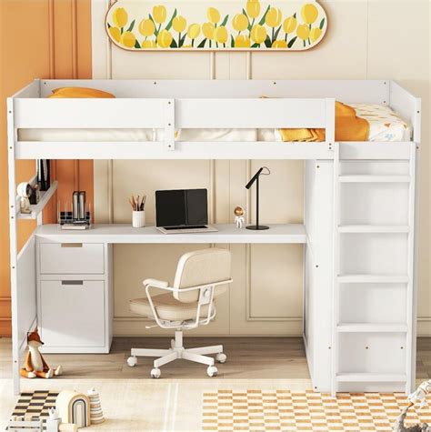 Simplie Fun Full Size Wooden Loft Bed With Wardrobe Desk Drawers Shelves Shopstyle