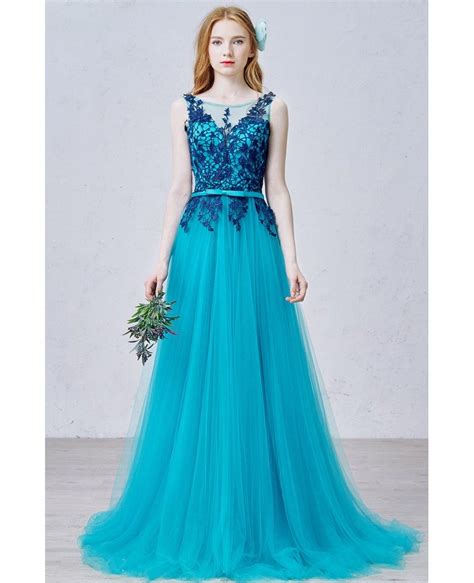 Romantic A Line Scoop Neck Sweep Train Tulle Prom Dress With Appliques Lace Ty020 249