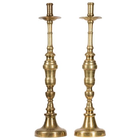 Pair Of 19th Century Spanish Brass Church Altar Candlesticks For Sale