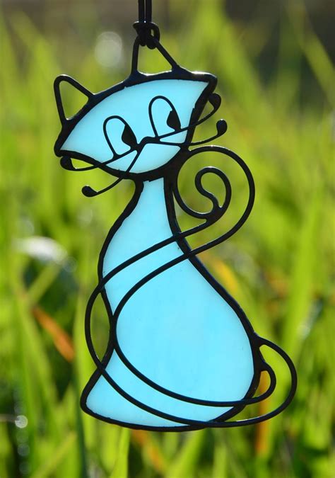 Cat Lover Present Christmas Kitty Suncatcher Stained Glass Blue Kitten Tiffany A Stained