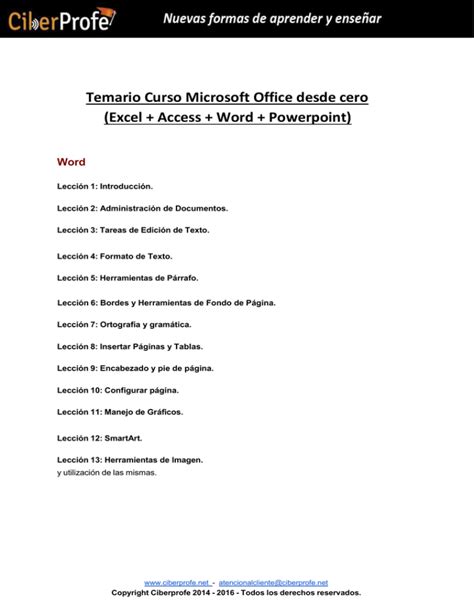 Temario Curso Microsoft Office Desde Cero Excel Access Word