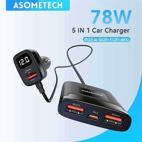 Asometech 5 Port Usb Car Charger 78W Scp Pps Afc Usb Type C Snel