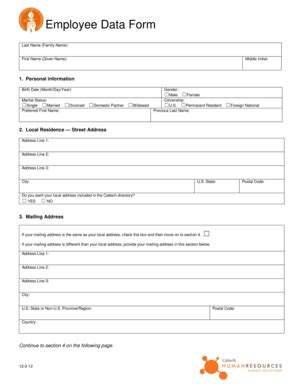 Fillable Online Hr Caltech Employee Data Form California Institute Of