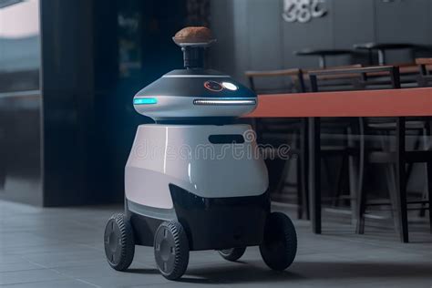 Food Delivery Concept. Robot Delivers Food in Modern Restaurant, Free Space for Test Stock ...