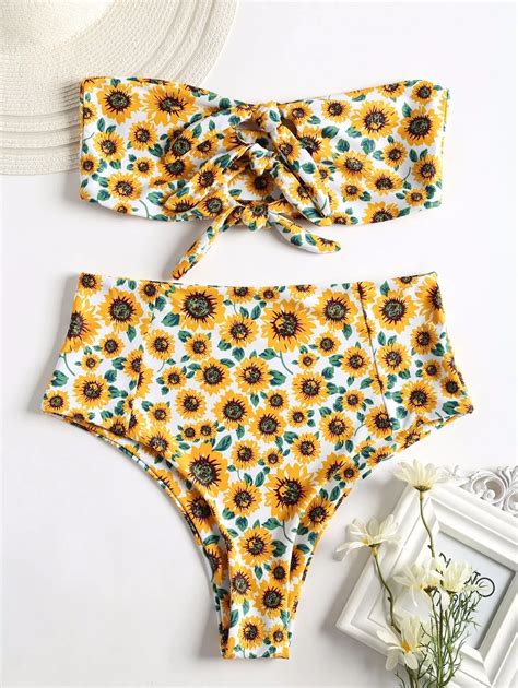 2018 New Women Strapless High Rise Sunflower Swimsuit Floral Printed